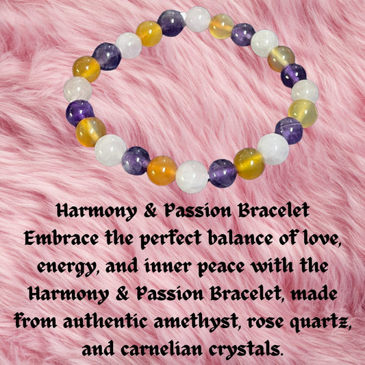 Harmony & Passion Bracelet – Genuine Amethyst, Rose Quartz & Carnelian Crystals – Love, Energy, Inner Peace, Balance