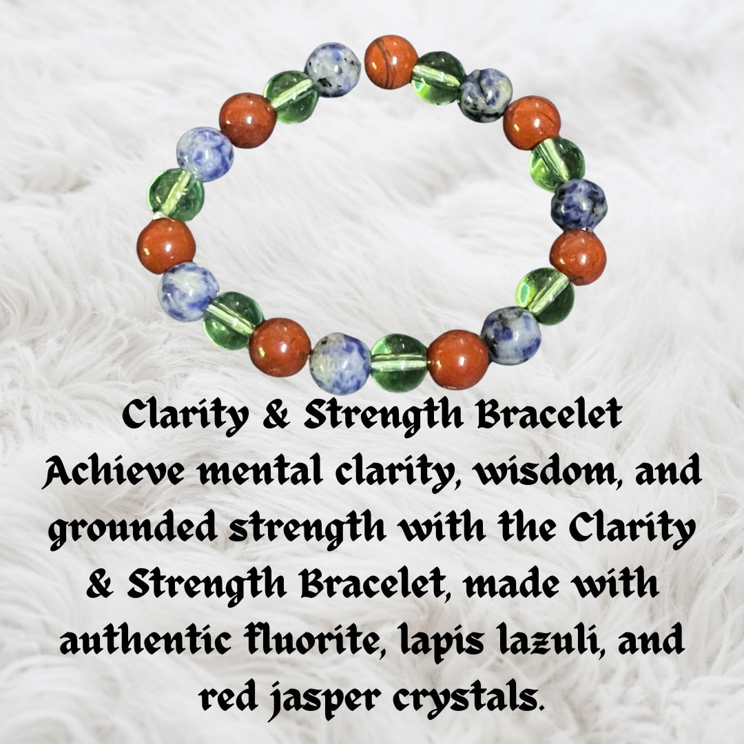 Clarity & Strength Crystal Bracelet – Authentic Fluorite, Lapis Lazuli, Red Jasper – Energy Healing, Mental Clarity, Wisdom & Grounded Strength