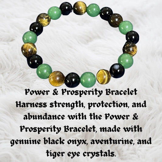 Power & Prosperity Bracelet – Genuine Black Onyx, Aventurine & Tiger Eye Crystals – Strength, Protection, Abundance, Energy Healing