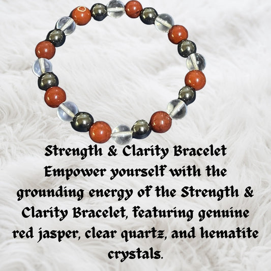 Strength & Clarity Bracelet – Genuine Red Jasper, Clear Quartz & Hematite Crystals – Grounding Energy, Mental Clarity, Empowerment