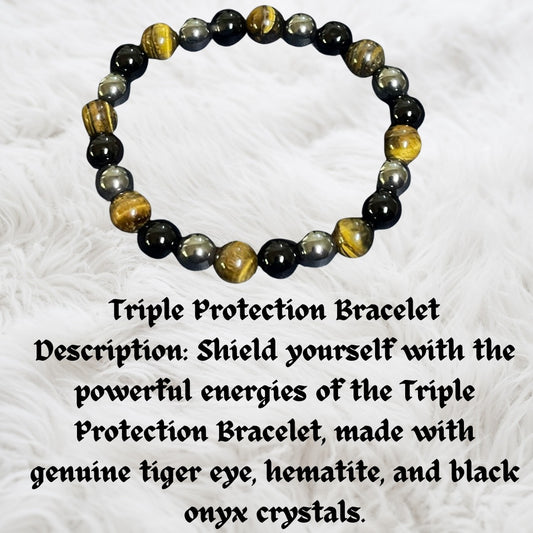 Triple Protection Bracelet – Genuine Tiger Eye, Hematite & Black Onyx Crystals – Energy Healing, Grounding, Emotional & Physical Protection