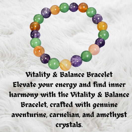 Vitality & Balance Crystal Bracelet – Genuine Aventurine, Carnelian & Amethyst – Energy Healing, Inner Harmony, Vitality Boost